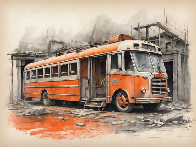 Auf dem Bild ist ein verlassener, orangefarbener Bus zu sehen, der in einer zerfallenen Umgebung steht, umgeben von Trümmern und einer ruinenhaften Architektur. 

Beim Besuch von Lost Places ist es wichtig, Sicherheitsvorkehrungen zu beachten:

1. **Genehmigungen einholen**: Stellen Sie sicher, dass Sie die Erlaubnis haben, das Gelände zu betreten.
2. **Geeignetes Equipment**: Tragen Sie festes Schuhwerk und geeignete Kleidung, um Verletzungen zu vermeiden.
3. **Begleitung**: Besuchen Sie solche Orte niemals alleine, sondern in einer Gruppe.
4. **Achtsamkeit**: Seien Sie vorsichtig beim Begehen von instabilen Strukturen und achten Sie auf mögliche Gefahren wie scharfe Gegenstände oder giftige Materialien.
5. **Respekt für den Ort**: Hinterlassen Sie nichts außer Fußspuren und respektieren Sie die Geschichte des Ortes.