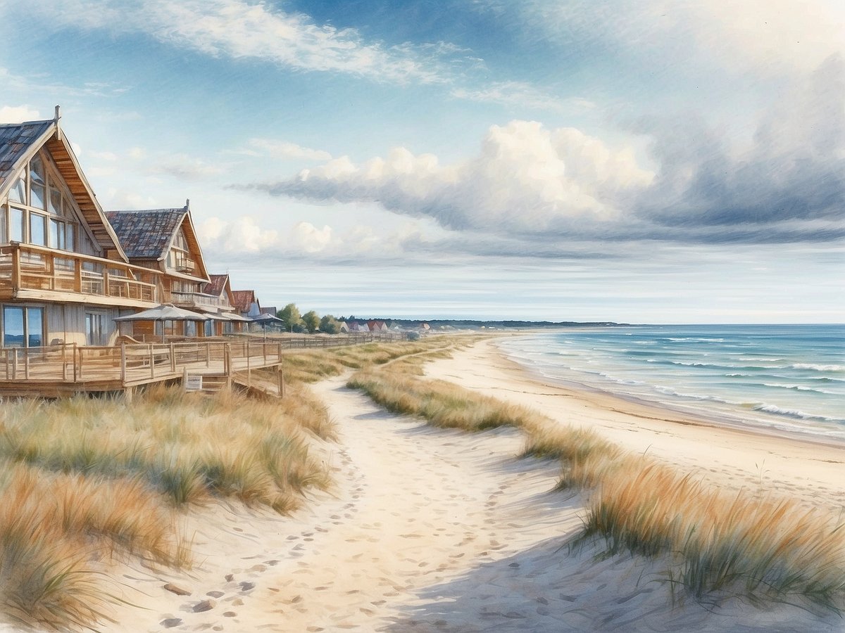 Ein malerischer Strand in Scharbeutz mit einer sanften Sanddüne, die sich entlang des Wassers erstreckt. Auf der linken Seite stehen charmante Holzbungalows mit großen Fenstern und Terrassen, die einen wunderschönen Blick auf die Ostsee bieten. Der Himmel ist leicht bewölkt, während das Wasser sanft gegen den Strand brandet. Gräser wachsen entlang des Weges, der zur Küste führt, und vermittelt ein Gefühl von Ruhe und Idylle.
