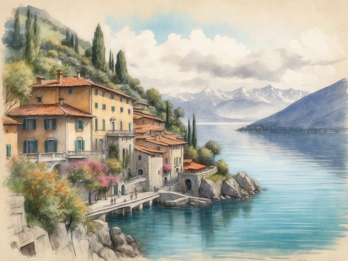 Eine malerische Küstenansicht des Lago Maggiore mit charmanten, mehrstöckigen Häusern, die an einem bewaldeten Hang liegen. Die Gebäude haben orangefarbene Dächer und grüne Fensterläden, umgeben von blühenden Pflanzen. Im Vordergrund ist eine Uferpromenade mit Spaziergängern entlang des ruhigen, glitzernden Wassers des Sees zu sehen. Im Hintergrund erstrecken sich majestätische Berge unter einem wolkenbedeckten Himmel. Der Lago Maggiore hat eine maximale Tiefe von etwa 372 Metern.