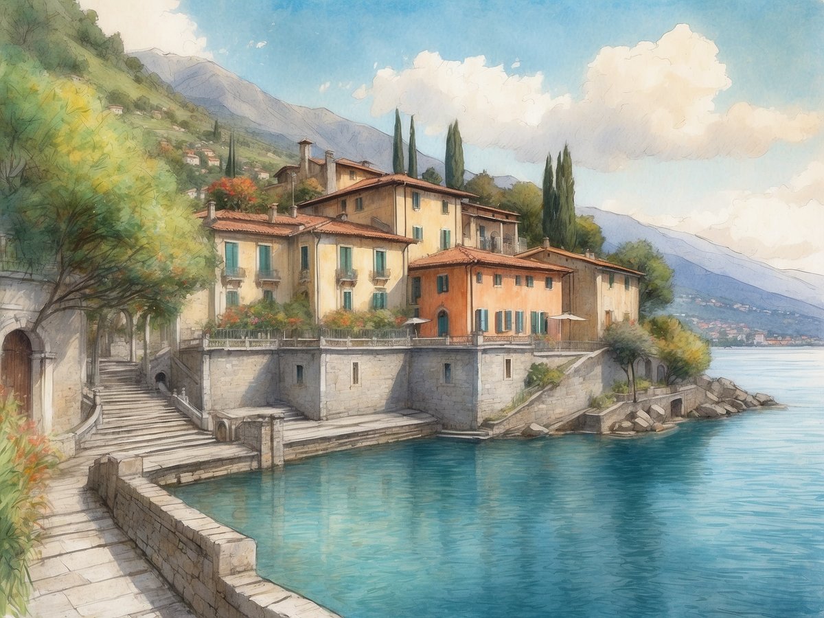 Eine malerische Küstenansicht von Cannobio am Lago Maggiore zeigt charmante, farbenfrohe Häuser mit terrakottadach, umgeben von üppigem Grün und Zypressen. Eine gepflasterte Treppe führt entlang des Wassers und lädt zum Flanieren ein. Der klare Himmel reflektiert sich im ruhigen, smaragdgrünen Wasser des Sees, während sanfte Hügel im Hintergrund für eine idyllische Kulisse sorgen.
