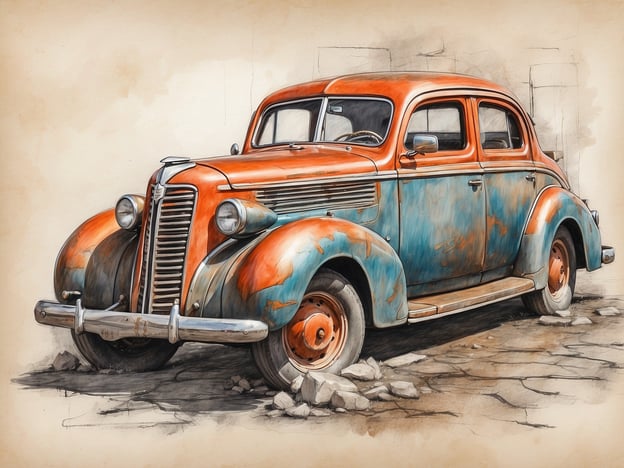 Auf dem Bild ist ein verlassener, oldtimerartiger Wagen zu sehen, dessen Farben in warmen Tönen von Orange und Blau leuchten. Der Reiz der Vergänglichkeit wird durch die sichtbar gewordene Patina und die Abnutzung des Fahrzeugs verstärkt. Es vermittelt ein Gefühl von Nostalgie und der Schönheit des Verlassenen, während es auf dem unebenen, brüchigen Boden steht und in seiner einsamen Pracht einen stillen Dialog mit der Zeit führt.