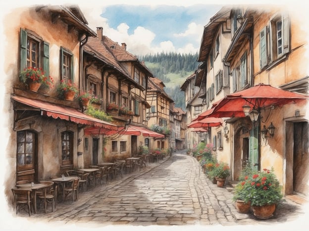 Auf dem Bild ist eine malerische, enge Gasse zu sehen, die von historischen Gebäuden gesäumt ist. Die Straßen sind mit Steinen gepflastert, und es gibt Tische mit Stühlen im Freien, die zu einem gemütlichen Café oder Restaurant gehören. Rote Sonnenschirme spenden Schatten, während blühende Pflanzen die Szenerie verschönern. Dieses Bild erinnert an die verborgenen Schätze Freiburgs, wo charmante Ecken wie diese oft entdeckt werden können, die eine einladende Atmosphäre und viel Flair ausstrahlen.