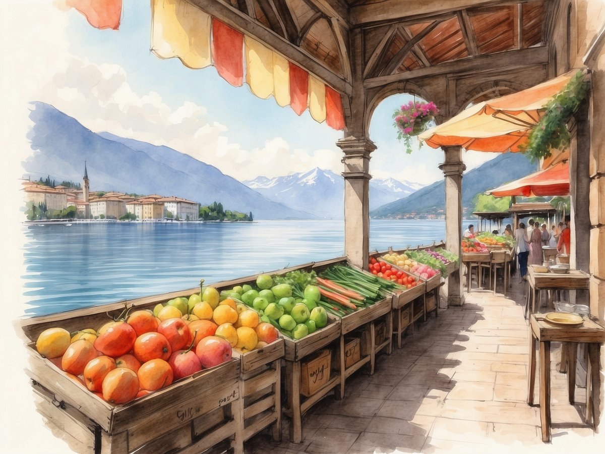 Ein malerischer Markt in Luino, nahe dem Lago Maggiore, zeigt Stände mit frischen Früchten und Gemüse vor einem atemberaubenden Seeblick. Die bunten Marktstände sind mit roten und gelben Sonnenschirmen geschmückt und bieten ein reichhaltiges Sortiment an Äpfeln, Orangen, Zucchini und weiteren Produkten an. Im Hintergrund sind die sanften Hügel und die schneebedeckten Berge sichtbar, die sich im ruhigen Wasser des Sees spiegeln. Die Atmosphäre ist lebhaft, mit mehreren Besuchern, die den Markt erkunden und die Schönheiten der Umgebung genießen.