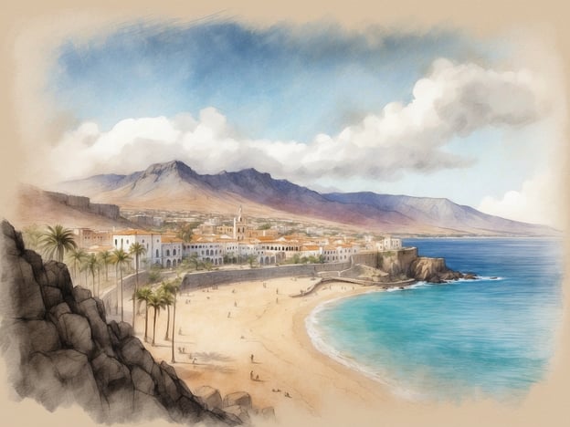 Auf dem Bild ist eine malerische Küstenlandschaft zu sehen, die an die Strände von Teneriffa erinnert. Im Vordergrund erstreckt sich ein goldener Sandstrand, der sanft vom glitzernden blauen Wasser umspült wird. Hinter dem Strand sieht man eine charmante Ansammlung von weißen Gebäuden mit rotgedeckten Dächern, umgeben von palmengesäumten Wegen. Im Hintergrund erheben sich majestätische Berge, die die Kulisse für diese idyllische Szenerie bilden. 

Diese Darstellung könnte die geheimnisvolle Geschichte von Teneriffa widerspiegeln, die von alten Legenden, den Ureinwohnern der Guanchen und der reichen Kultur geprägt ist, die die Insel über Jahrhunderte geformt hat. Die Ruhe des Strandes und die Schönheit der Natur laden dazu ein, über die Geheimnisse und Geschichten nachzudenken, die diese beeindruckende Insel verbirgt.