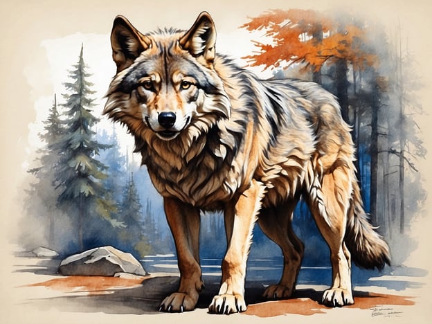 Auf dem Bild ist ein Wolf zu sehen, der in einer natürlichen Umgebung steht. Umgeben von Bäumen und Felsen, strahlt der Wolf eine majestätische Präsenz aus. Seine Fellzeichnung ist detailliert und realistisch, was ihn zu einem eindrucksvollen Teil der Tierwelt im Park macht. Die Szene fängt die Schönheit und Wildheit dieser Tiere in ihrer natürlichen Habitat ein.