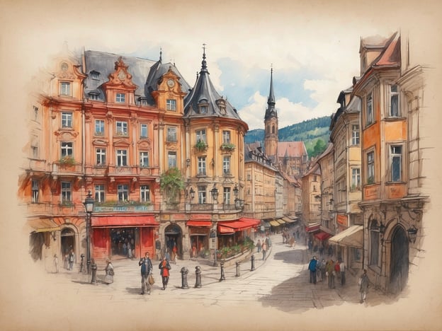 Auf dem Bild ist eine malerische Straße in Heidelberg zu sehen, die von historischen Gebäuden und charmanten Cafés gesäumt wird. Die Architektur wirkt einladend mit bunten Fassaden und dekorativen Details. Im Hintergrund erhebt sich ein Kirchturm und die umliegenden Hügel sind sichtbar, was die idyllische Atmosphäre der Stadt unterstreicht. Diese Szenerie repräsentiert die verborgenen Schätze Heidelbergs, wo Geschichte und Kunst aufeinandertreffen.