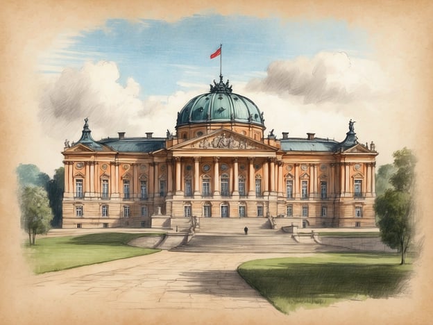 Auf dem Bild ist ein majestätisches Gebäude zu sehen, das an die königliche Vergangenheit Potsdams erinnert. Es könnte sich um ein Schloss oder ein historisches Verwaltungsgebäude handeln, das für seine beeindruckende Architektur bekannt ist. Die Fassade ist mit prächtigen Säulen und einem schönen Kuppeldach gestaltet, was auf den barocken Baustil hindeutet, der in der Zeit Friedrichs des Großen vorherrschte. Potsdam, einst Residenzstadt der preußischen Könige, strahlt mit seinen historischen Bauwerken einen besonderen Glanz aus, der die Kunst und Kultur dieser Epoche reflektiert.