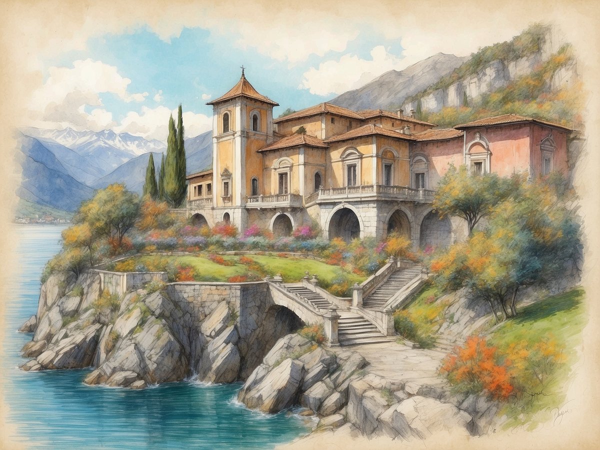 Brezzo di Bedero ist eine malerische Aussicht auf den Lago Maggiore, die eine elegante Villa in warmen Farbtönen zeigt. Die Architektur kombiniert klassische Elemente mit schönen Balkonen und Säulen. Umgeben von üppigem Grün und blühenden Pflanzen, von denen viele in lebhaften Farben strahlen, erstreckt sich ein Garten entlang der Uferlinie. Im Hintergrund erheben sich majestätische Berge, deren Gipfel teilweise mit Wolken verhüllt sind. Sanfte Wellen an der Küste reflektieren das klare Wasser des Sees, während reich verzierte Treppen hinunter zum Wasser führen, die den Betrachter einladen, die Schönheit dieser verborgenen Schätze zu erkunden.