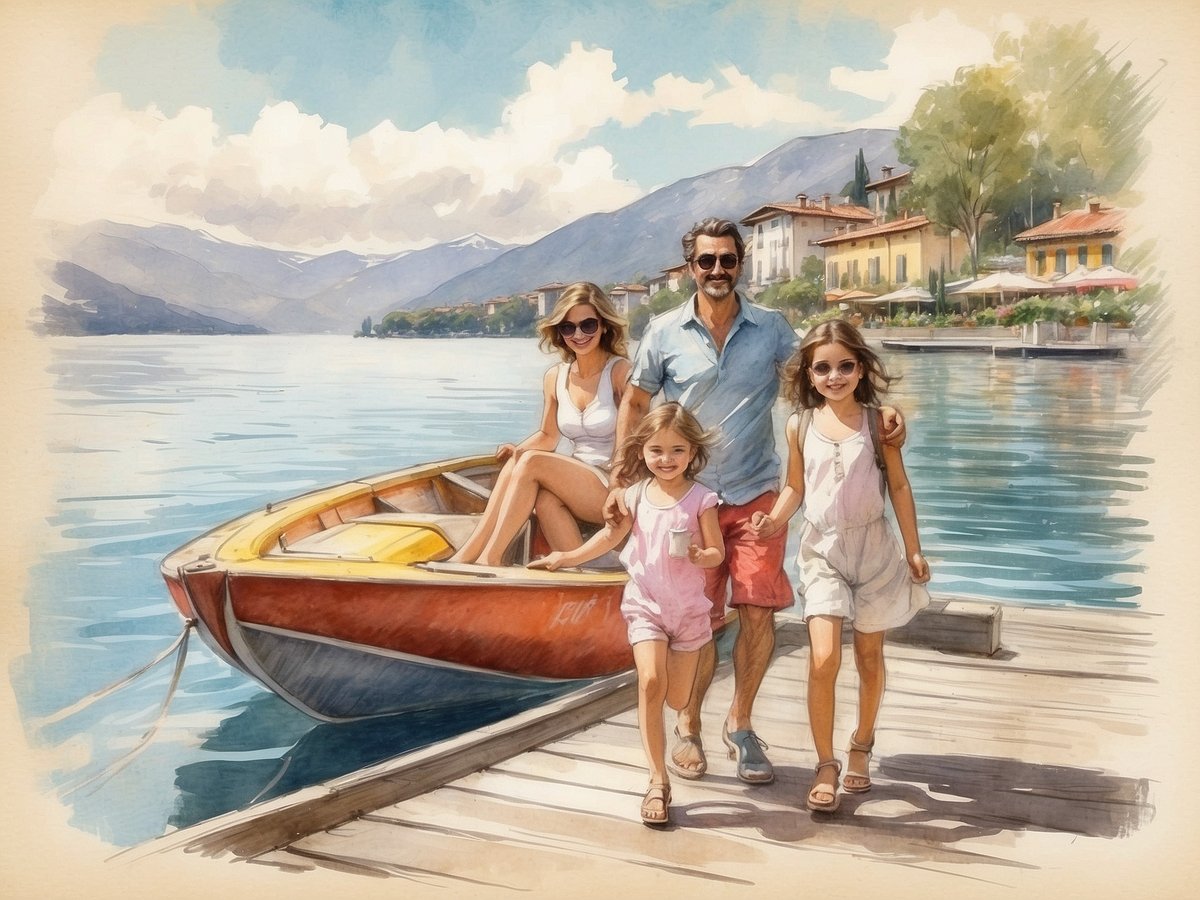 Eine fröhliche Familie mit zwei kleinen Mädchen steht am Ufer des Lago Maggiore, während die Sonne am Himmel scheint. Die Erwachsenen und Kinder strahlen Zufriedenheit aus und tragen leichte, sommerliche Kleidung. Im Hintergrund ist ein schöner Blick auf sanfte Berglandschaften und charmante, bunte Häuser, die am Wasser liegen. Ein kleines Boot in warmen Farben liegt am dock, bereit für einen entspannten Tag auf dem See. Die Szene vermittelt ein Gefühl von Urlaub, Spaß und Familienzeit in der malerischen Umgebung von Germignaga.