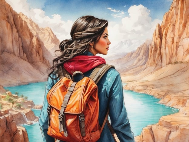 Auf dem Bild sieht man eine junge Frau, die mit einem orangefarbenen Rucksack auf dem Rücken auf einem hohen Aussichtspunkt steht. Sie blickt über eine malerische Landschaft, die von majestätischen Bergen und einem glitzernden Fluss geprägt ist. Der Himmel ist blau mit einigen weißen Wolken, die über den Horizont ziehen. 

Diese Szene erzählt die Geschichte einer Abenteurerin, die sich auf eine Reise ins Unbekannte begeben hat. Nachdem sie tagelang durch atemberaubende Landschaften gewandert ist, hat sie endlich diesen geheimnisvollen Ort erreicht. Die Schönheit der Natur um sie herum inspiriert sie, weiterzugehen und neue Herausforderungen anzunehmen. Ihre Entschlossenheit und Neugier treiben sie an, neue Höhen zu erklimmen und das weite Land zu erkunden.