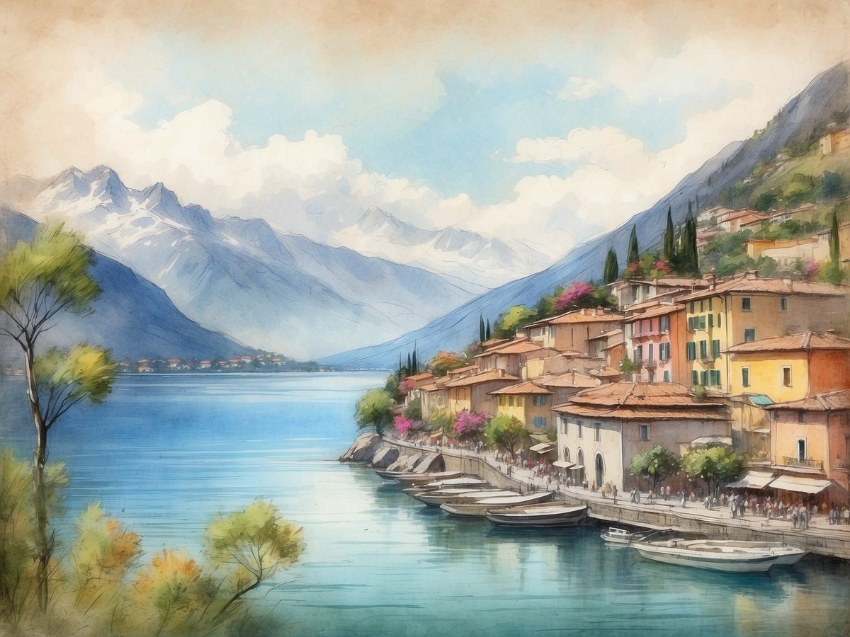 Das Bild zeigt eine malerische Landschaft am Lago Maggiore mit sanften Hügeln und majestätischen Bergen im Hintergrund. Am Ufer des ruhigen Sees reihen sich bunte Gebäude mit terrakottafarbenen Dächern und blühenden Pflanzen aneinander. Im Vordergrund erkennt man einige Boote, die sanft im Wasser treiben, während eine lebendige Uferpromenade mit Menschen und Schirmen das Bild lebendig wirken lässt. Die Farben sind warm und einladend, und der Himmel ist klar mit leichten Wolken.