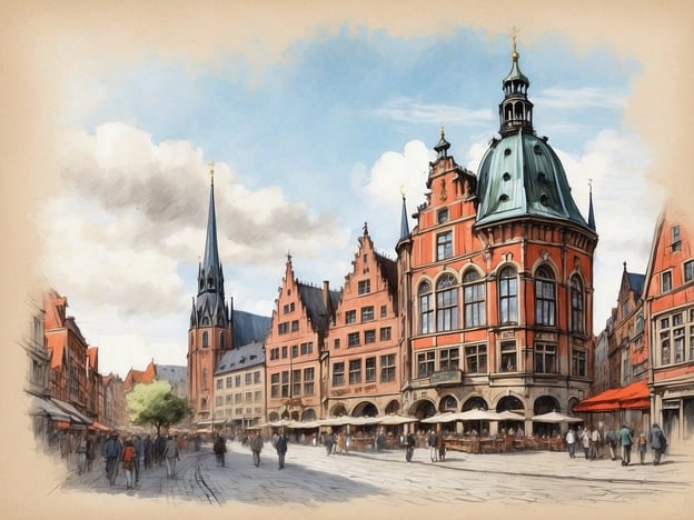 Auf dem Bild ist eine malerische Stadtansicht zu sehen, die an die Architektur von Bremen erinnert. Die historischen Gebäude mit ihren charakteristischen roten Backsteinfassaden und den eleganten Türmen deuten auf den Marktplatz hin, der für Bremen typisch ist. Besonders bemerkenswert sind die gotischen Elemente, die an die Bremer Stadtmusikanten erinnern, eine berühmte Geschichte, die in Bremen spielt. 

In dieser Erzählung ziehen ein Esel, ein Hund, eine Katze und ein Hahn in die Stadt Bremen, um dort Stadtmusikanten zu werden. Die charmante Atmosphäre des Marktplatzes könnte die Hintergründe dieser Geschichte widerspiegeln, in der Freundschaft und Mut zentrale Themen sind.