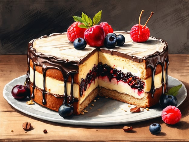 Auf dem Bild ist eine verführerische Torte zu sehen, die mit Schokolade, frischen Beeren und einer cremigen Füllung verziert ist. Im Schwarzwald gibt es viele köstliche kulinarische Highlights, zu denen auch die Schwarzwälder Kirschtorte gehört. Diese deutsche Spezialität besteht aus Schokoladenbiskuit, Kirschwasser und saftigen Kirschen. Auch der berühmte Schwarzwälder Schinken erfreut sich großer Beliebtheit. Die Kombination aus süßen und herzhaften Speisen spiegelt die kulinarische Vielfalt der Region wider.