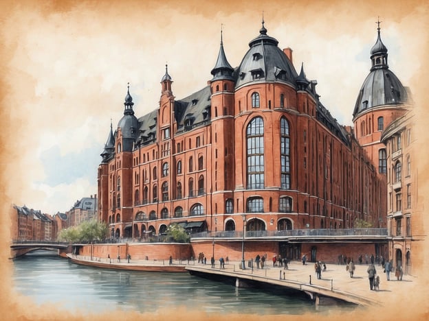 Auf dem Bild ist die Speicherstadt in Hamburg zu sehen, ein historisches Lagerhausviertel. Die charakteristische rote Backsteinarchitektur und die beeindruckenden Türme sind typisch für diese Gegend. Es handelt sich um die größte Speicherstadt der Welt, die zum UNESCO-Weltkulturerbe gehört. Der Kanal im Vordergrund und die Fußgänger, die entlang der Uferpromenade spazieren, tragen zum maritimen Flair der Speicherstadt bei.