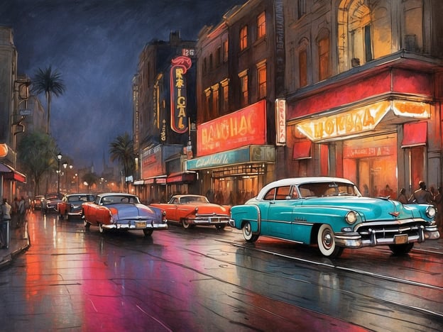 Auf dem Bild sind klassische Autos in einer lebendigen, urbanen Straßenlandschaft bei Nacht zu sehen. Die neonbeleuchteten Schilder und die glänzende nasse Straße verleihen der Szene eine nostalgische Atmosphäre. Dies erinnert an das vielfältige Nachtleben Hamburgs, wo man belebte Straßen mit Bars, Clubs und Musikorten findet. Ähnlich wie in dieser Darstellung flanieren die Menschen oft durch die bunten Straßen, genießen die entspannte Stimmung und das pulsierende Nachtleben der Stadt.