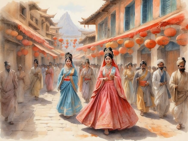 Auf dem Bild sind zwei Frauen in traditionellen, farbenfrohen Kleidern zu sehen, die durch eine historische Straße gehen. Diese Mode erinnert an die alte chinesische Tracht und spiegelt die Ästhetik einer bestimmten Kultur wider. 

Die roten Laternen, die entlang der Straßen hängen, sind ein Symbol für Feierlichkeiten und werden oft bei Festen wie dem chinesischen Neujahr verwendet. Die Szene vermittelt den Eindruck eines festlichen Anlasses, bei dem Tradition und Gemeinschaft gefeiert werden. 

Die anderen Personen im Hintergrund scheinen die beiden Frauen zu beobachten oder an der Feier teilzunehmen, was auf die Rolle der Gemeinschaft in kulturellen Prozessen hinweist. Solche Traditionen sind wichtig für die Erhaltung des kulturellen Erbes und die Verbindung zwischen den Generationen.