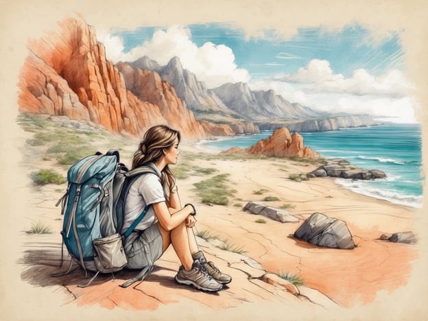 Auf dem Bild ist eine junge Frau zu sehen, die an einem malerischen Strand mit einer beeindruckenden Küstenlandschaft sitzt. Sie trägt einen Rucksack und genießt die Aussicht auf das Meer und die umliegenden Berge. Diese Szene könnte Aktivitäten wie Wandern, Strandbesuche und Naturerkundungen inspirieren. Die Umgebung lädt dazu ein, spazieren zu gehen, die Landschaft zu fotografieren oder einfach die Ruhe der Natur zu genießen. Zudem wäre dieses Setting ideal für ein Picknick oder um die Meeresbrise zu genießen.