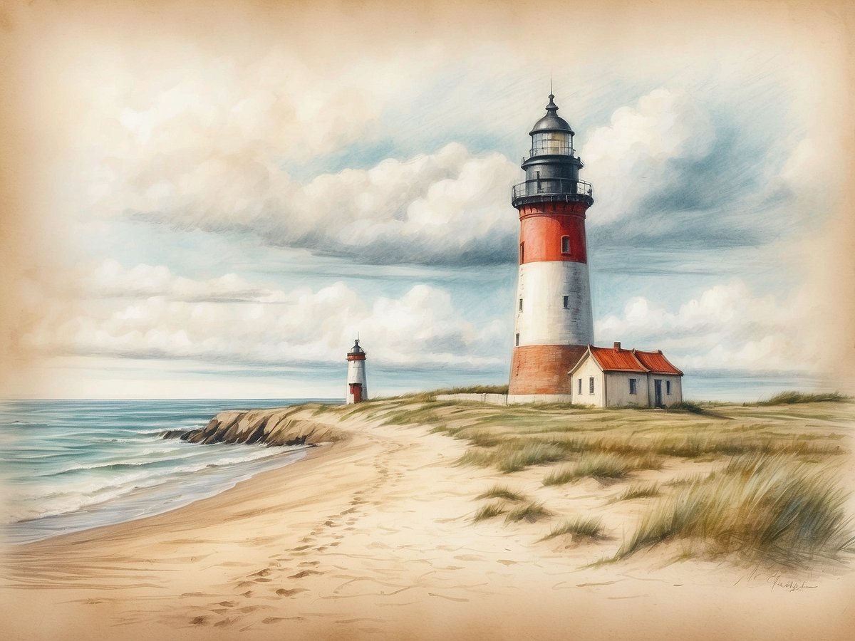 Ein malerischer Strand mit feinem Sand und sanften Wellen, die an die Küste der Ostsee plätschern. Im Vordergrund sind Fußabdrücke im Sand zu sehen, die zum Wasser führen. Auf der linken Seite steht ein großer rot-weißer Leuchtturm, der markant in den Himmel ragt. Daneben befindet sich ein kleineres Gebäude mit rotem Dach. Der Himmel ist teilweise bewölkt, und die Farben des Bildes strahlen eine ruhige, maritime Atmosphäre aus.