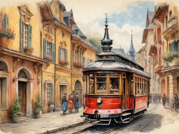 Auf dem Bild ist eine alte Straßenbahn in einer malerischen Stadtstraße zu sehen, umgeben von historischen Gebäuden mit farbenfrohen Fassaden und eleganten Fenstern. Diese Szenerie könnte die kulturellen Wurzeln Sachsens widerspiegeln, wo historische Städte wie Dresden und Leipzig für ihre beeindruckende Architektur und lebendige Straßenbahnsysteme bekannt sind.

Traditionen in Sachsen beinhalten auch die Pflege von Handwerkskunst und die Durchführung von Festen, bei denen oft traditionelle Trachten getragen werden – wie möglicherweise von den Spaziergängern im Bild angedeutet. Die Straßenbahn, die als gemeinschaftliches Verkehrsmittel dient, ist ebenfalls ein Symbol des urbanen Lebens in Sachsen und könnte möglicherweise zu Veranstaltungen oder Märkten führen, die die sächsische Kultur und Lebensweise feiern.