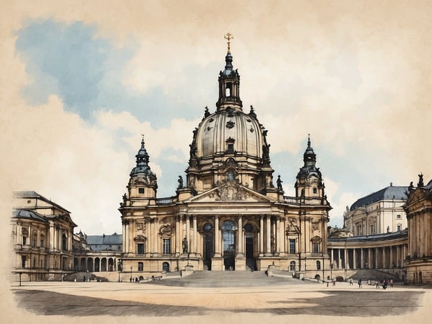 Auf dem Bild ist eine majestätische Kirche mit einer großen Kuppel und beeindruckender Architektur zu sehen. Diese erinnert an die Frauenkirche in Dresden, die ein bedeutendes Wahrzeichen der Stadt ist. Die umliegenden Gebäude könnten Teile des Dresdner Zwingers darstellen, der für seine barocke Architektur bekannt ist. Die Szenerie vermittelt ein Gefühl von historischer Pracht und kulturellem Erbe, das typisch für Sachsens Hauptstadt Dresden ist.