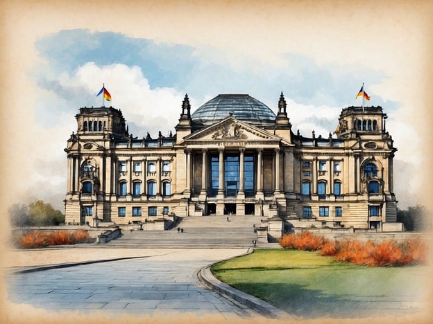 Auf dem Bild ist der Reichstag zu sehen, das deutsche Parlamentsgebäude in Berlin. Es zeigt die beeindruckende Architektur des Gebäudes mit seiner markanten Kuppel und den nationalen Flaggen. Die Umgebung ist grün und es gibt eine Treppe, die zum Eingang führt.