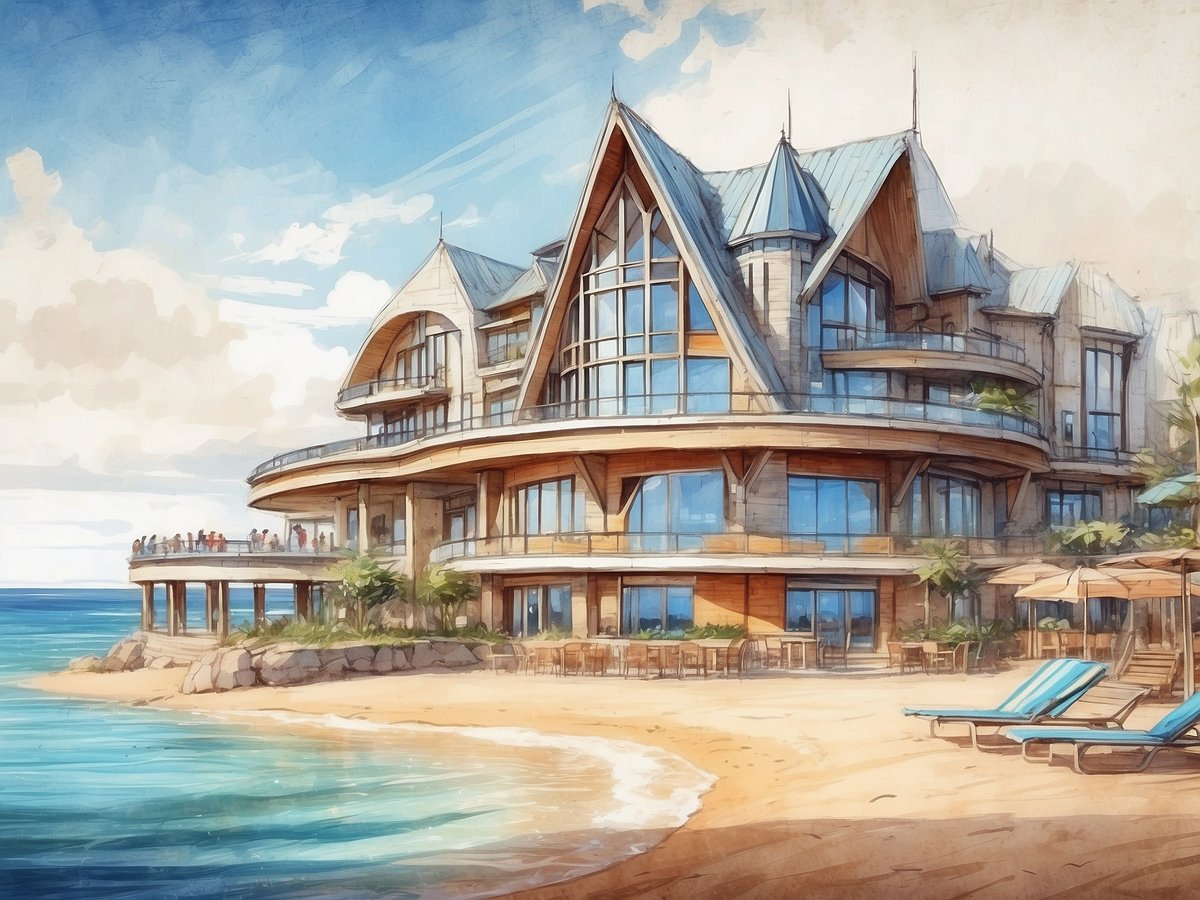 Ein modernes Strandhaus mit großflächigen Fensterfronten und einem markanten Dachdesign steht direkt am Sandstrand von Władysławowo an der polnischen Ostsee. Im Vordergrund sind Liegen und Sonnenschirme auf dem weichen Sand zu sehen, während eine Gruppe von Menschen auf der Terrasse des Hauses steht und den Blick auf das Meer genießt. Das Wasser ist klar und schimmert in verschiedenen Blautönen, während ein paar leichte Wolken am Himmel zu sehen sind, die dem Bild einen entspannten, einladenden Eindruck verleihen.