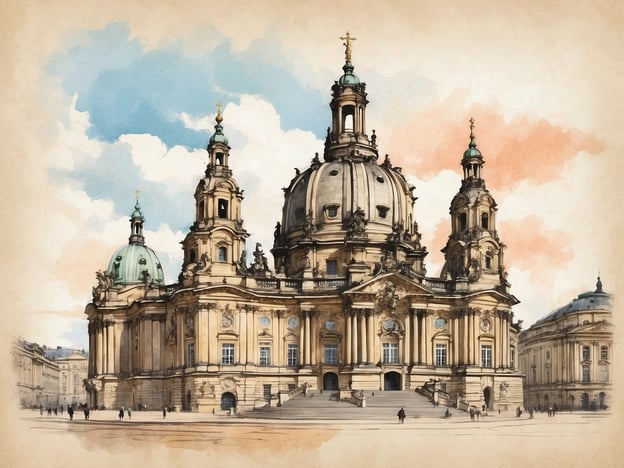 Auf dem Bild ist die Frauenkirche zu sehen, ein beeindruckendes architektonisches Wahrzeichen. Die Kirche besitzt eine markante Kuppel und ist prunkvoll gestaltet, umgeben von einer malerischen Kulisse. Das Bild zeigt die kunstvollen Details und die harmonische Farbkombination, die das Bauwerk auszeichnen.