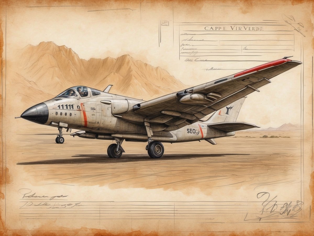 Ein Militärflugzeug steht auf einer sandigen Fläche vor einer bergigen Landschaft. Das Flugzeug hat eine markante Schnauze und trägt die Nummer 11111. Im Cockpit ist ein Pilot sichtbar. Im Hintergrund sind sanfte Hügel und eine leichte Wolkenbildung zusätzlich skizziert. Um das Flugzeug herum sind alte, handschriftliche Notizen und ein Formular mit dem Titel Kapverden zu sehen. Diese Elemente stammen aus einem skizzierten Dokument, das den Eindruck eines historischen Einreiseformulars vermittelt.