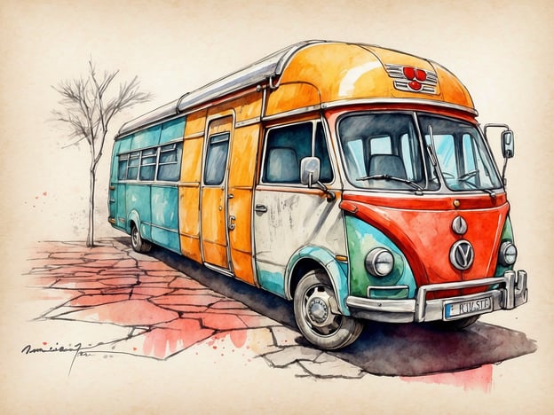 Auf dem Bild ist ein bunter Oldtimer-Bus zu sehen, der auf einer gepflasterten Straße parkt. Der Bus hat eine auffällige Farbgestaltung mit orange, grün und rot und ist von einer schlichten Landschaft umgeben. 

Wenn es um medizinische Leistungen geht, könnte man in einem ähnlichen Busmobile Gesundheitsdienste anbieten, wie z.B. Impfungen, Gesundheitsuntersuchungen oder Erste-Hilfe-Kurse. Solche Angebote könnten besonders in ländlichen oder unterversorgten Gebieten von großem Nutzen sein.