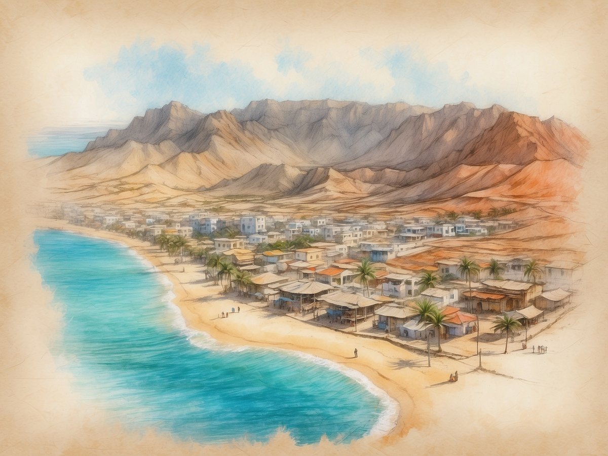 Eine malerische Küstenlandschaft mit sanftem, blauem Wasser, das an einen hellen Sandstrand mit Palmen plätschert. Im Hintergrund erheben sich majestätische, sandfarbene Bergformationen. Am Strand sind einige Menschen zu sehen, die sich aufhalten. An der Küste befinden sich kleine, einfache Häuser mit Dächern aus Schilfrohr, die in eine kleine Siedlung integriert sind. Die Atmosphäre ist ruhig und einladend, typisch für tropische Regionen. Auf den Kapverden spricht man Kreolisch und Portugiesisch.