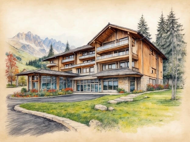 Auf dem Bild ist ein modernes Gebäude im alpinen Stil zu sehen, umgeben von einer schönen Naturlandschaft. Die Architektur aus Holz und Stein vermittelt ein Gefühl von Wärme und Gemütlichkeit, was für die Patientenversorgung und den Komfort von großer Bedeutung ist. Die großzügigen Fenster bieten nicht nur Licht, sondern auch einen Blick auf die beeindruckende Berglandschaft, was zur entspannenden Atmosphäre beiträgt. Der gepflegte Außenbereich mit Blumen und Bäumen schafft eine einladende Umgebung, die zur Genesung und zum Wohlbefinden der Patienten beiträgt.