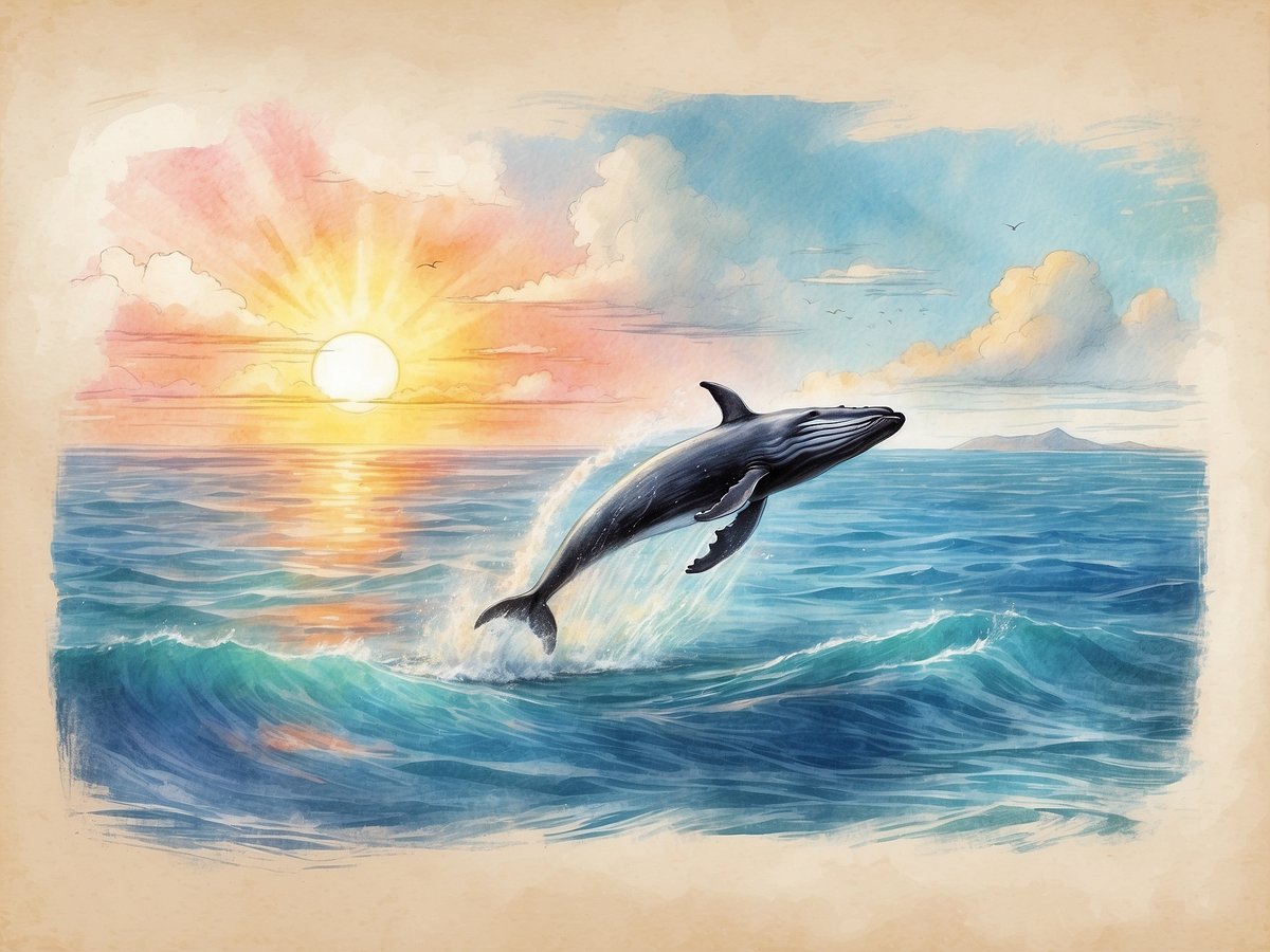 Ein Walfisch springt majestätisch aus dem Wasser während eines atemberaubenden Sonnenuntergangs über dem Meer. Die warmen Farben des Sonnenuntergangs reflektieren sich auf der Wasseroberfläche, während sich sanfte Wellen im Vordergrund bilden. Im Hintergrund sind leichte Wolken und eine Insel zu sehen, die im Dunst des Abends verschwommen sind. Diese Szene vermittelt eine friedliche und malerische Atmosphäre, die die Schönheit der Natur widerspiegelt.