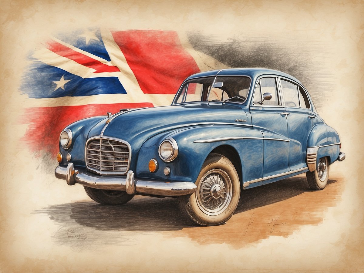 Auf dem Bild ist ein blauer Oldtimer zu sehen, der in der Vorderansicht aufgenommen wurde. Der Wagen hat runde Scheinwerfer und eine markante Kühlergrillgestaltung. Im Hintergrund wehen Flaggen, die die Farben Rot, Weiß und Blau enthalten, was an die britische Flagge erinnert. Der Hintergrund wirkt nostalgisch mit einem leicht verwaschenen Effekt, der den historischen Charakter des Fahrzeugs unterstreicht. Das Bild vermittelt eine Atmosphäre von Vintage und klassischem Automobildesign. In Südafrika werden mehrere Sprachen gesprochen, darunter Englisch, Afrikaans und verschiedene Bantu-Sprachen.