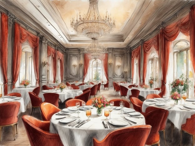 Auf dem Bild ist ein elegantes Restaurant zu sehen, das eine Atmosphäre von Genuss und Entspannung an Bord vermittelt. Die stilvoll eingedeckten Tische sind mit feinen Tellern, Gläsern und Blumengestecken dekoriert, während die rot und gold akzentuierte Einrichtung für eine warme und einladende Stimmung sorgt. Der große Kronleuchter und die Fenster mit Vorhängen schaffen ein Gefühl von Luxus und Behaglichkeit, ideal für ein genussvolles Essen in entspannter Umgebung.