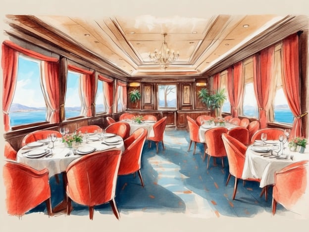 Auf dem Bild ist ein elegant gestaltetes Restaurant zu sehen, das wahrscheinlich auf einem Schiff befindet. Die Tische sind liebevoll gedeckt mit weißen Tischtüchern und stilvollen Geschirr, und die roten Stühle verleihen dem Raum eine warme Atmosphäre. 

An Bord könnten folgende Angebote und Aktivitäten stattfinden:

1. **Gourmet-Dinner**: Gäste können ein feines Essen mit Meerblick genießen, das von Küchenchefs zubereitet wird.
2. **Weinverkostung**: Exklusive Weinpaare werden angeboten, um die kulinarischen Erlebnisse zu bereichern.
3. **Themenabende**: Besondere Themenabende, wie italienische oder asiatische Küche, könnten veranstaltet werden.
4. **Live-Musik**: Häufig gibt es abendliche Live-Unterhaltung, die das Dinner-Erlebnis untermalt.
5. **Kochkurse**: Gäste könnten die Möglichkeit haben, an Kochkursen teilzunehmen, um selbst einige der Gerichte zuzubereiten.

Solche Aktivitäten sorgen dafür, dass der Aufenthalt an Bord unvergesslich wird.