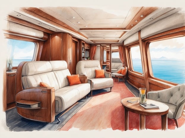 Auf dem Bild ist ein luxuriöser Innenraum eines Yachtsalons zu sehen. Die Einrichtung strahlt Komfort und Eleganz aus, mit bequemen, schlichten Sofas in sanften Farben, die mit dekorativen Kissen aufgepeppt sind. Große Fenster erlauben einen herrlichen Blick auf das Meer, während warmes Holz und weiche Teppiche ein einladendes Ambiente schaffen. Ein runder Tisch bietet Platz für Getränke und Lektüre, was den Raum perfekt für entspannte Stunden an Bord macht. Dieser Salon verkörpert den Luxus und die Raffinesse, die man auf einer Yacht erwarten würde.