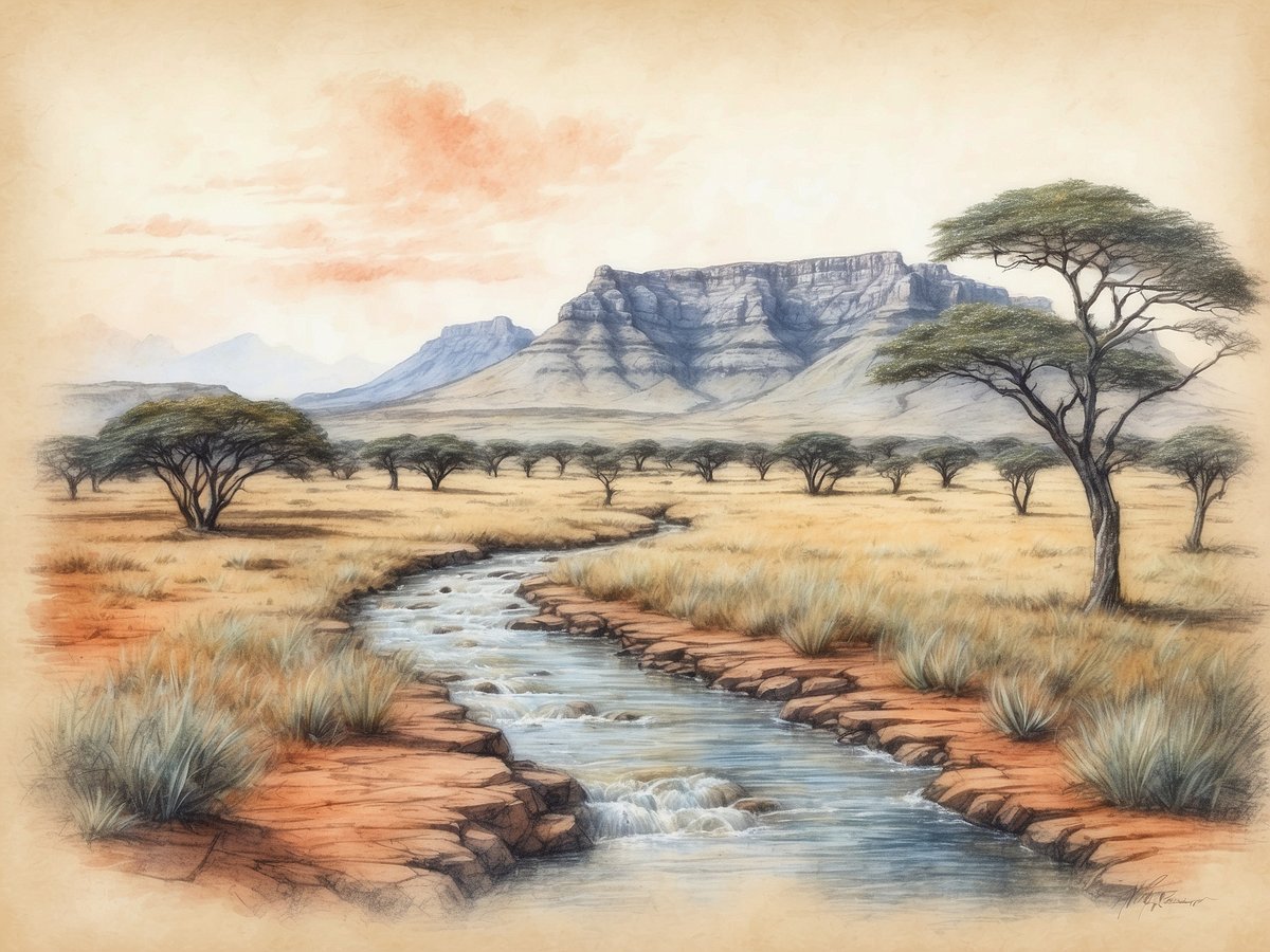 Die wüstenartige Landschaft zeigt sanfte Hügel und einen klaren Bach, der durch die trockene Savanne fließt. Vereinzelte Akazienbäume stehen am Rand des Wassers, während im Hintergrund majestätische Berge aufragen. Der Himmel ist in sanften Farbtönen gehalten, wobei die Sonne leicht aufgeht und die Szene in warmes Licht taucht. Die Vegetation besteht aus trockenen Gräsern und Charakteristika, die typisch für die südafrikanische Flora sind.