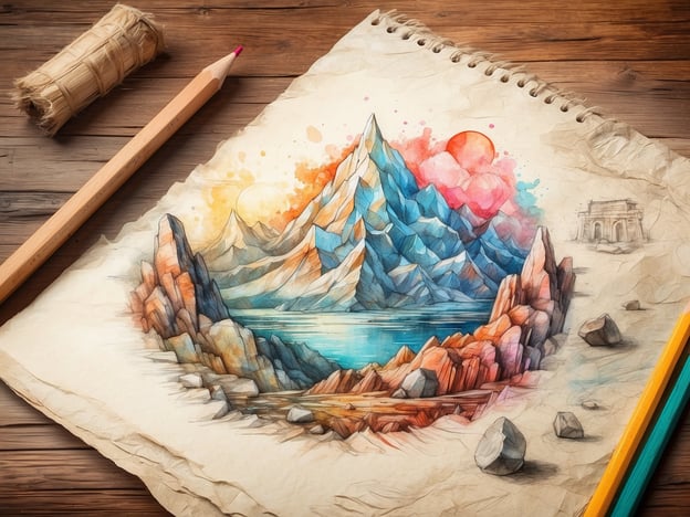 Auf dem Bild ist eine wunderschöne, farbenfrohe Aquarellzeichnung einer Berglandschaft zu sehen. Die Berge sind in verschiedenen Blautönen und warmen Farben dargestellt, um die Lichtverhältnisse und die Schönheit der Natur widerzuspiegeln. Im Vordergrund befinden sich lebendige Felsen und ein ruhiger See, was eine harmonische Verbindung zur Landschaft schafft.

Zusätzlich sind ein paar Zeichentools, darunter Buntstifte, auf dem Tisch platziert, was darauf hinweist, dass es sich um einen kreativen Prozess handelt. Diese Szenerie könnte dazu einladen, die Natur bei Landausflügen zu erkunden und neue Entdeckungen in der Umgebung zu machen. Im Hintergrund ist auch ein einfühlsamer Verweis auf architektonische Elemente zu sehen, was die Möglichkeit weiterer Entdeckungen symbolisiert, sowohl in der Natur als auch in Kulturen.