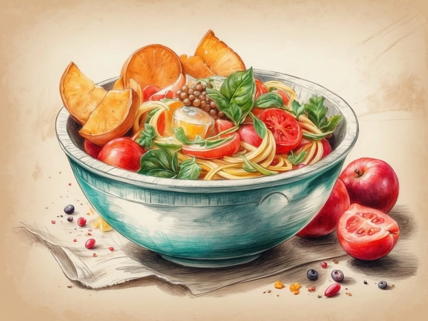 Auf dem Bild ist eine appetitliche Schüssel mit Spaghetti zu sehen, die mit frischen Zutaten angerichtet sind. In der Schüssel befinden sich Tomaten, frisches Basilikum und vielleicht auch ein paar aromatische Gewürze. Die Kombination mit orangefarbenen Früchten, die am Rand platziert sind, verleiht dem Gericht eine fruchtige Note. Neben der Schüssel liegen einige Äpfel und eine Tomate, die das kulinarische Erlebnis abrunden. Diese bunte Anordnung verspricht ein köstliches und gesundes Mahl, das sowohl den Gaumen erfreut als auch das Auge anspricht.