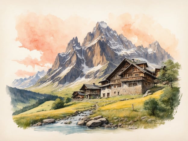 Auf dem Bild sind beeindruckende Berge und eine malerische Landschaft mit traditionellen Chalets zu sehen. Kulinarische Highlights entlang der Wanderrouten in diesen Alpenregionen könnten umfassen:

1. **Bergkäse** – Frisch aus den Almkäsereien, oft herstellt aus der Milch von Kühen, die auf saftigen Wiesen grasen.
2. **Speck und Wurst** – Deftige Spezialitäten, die oft aus lokalen Zutaten hergestellt werden. Ideal für eine energiereiche Brotzeit.
3. **Hausgemachte Knödel** – Diese werden häufig als Beilage serviert und sind in den Alpen sehr beliebt.
4. **Äpfelstrudel** – Ein traditionelles Dessert, das perfekt zu einer Wanderpause passt.
5. **Bier aus kleinen Brauereien** – Lokales Bier, das oft die Wanderer nach einem langen Tag in den Bergen erfrischt.

Diese Leckereien verbinden sich harmonisch mit der atemberaubenden Naturkulisse und machen das Wandern zu einem genussvollen Erlebnis.