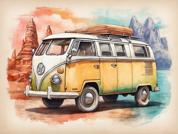 Die Reise beginnt. Auf dem Bild ist ein farbenfroher VW-Bus zu sehen, der an einer malerischen Landschaft mit hohen Felsen und einem klaren Wasserkörper parkt. Der Bus ist in gelb und weiße Töne gehalten und hat ein Dachgepäckträger, was auf Abenteuer- und Reisefreude hinweist. Die Szenerie vermittelt ein Gefühl von Freiheit und Entdeckung.