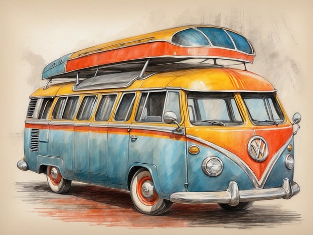 Auf dem Bild ist ein farbenfroher Volkswagen-Bus zu sehen, der an die 1960er Jahre erinnert. Dieser klassische Fahrzeugtyp ist ein Symbol für Freiheit und Abenteuer und wird oft mit dem Biet von Roadtrips und Camping in Verbindung gebracht. 

In der Popkultur hat der VW-Bus einen besonderen Platz, besonders in den Hippie-Bewegungen, wo er für unkonventionellen Lebensstil und Reisen steht. Er strahlt eine nostalgische Atmosphäre aus und ist in vielen Musikvideos und Filmen zu sehen, die das Lebensgefühl dieser Zeit widerspiegeln. Der große Dachgepäckträger lädt geradezu zu aufregenden Ausflügen ein, sei es ans Meer oder ins Gebirge. 

Dieser Bus ist nicht nur ein Fortbewegungsmittel, sondern ein Symbol für gemeinschaftliche Erlebnisse und die Freude am Reisen.