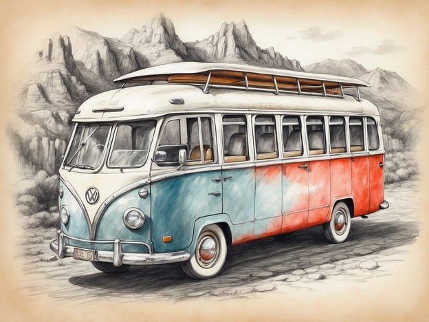 Auf dem Bild ist ein nostalgischer VW-Bus zu sehen, der in sanften Farben gehalten ist. Solche Fahrzeuge sind oft mit Landausflügen und Ausflügen verbunden, da sie ideal für Roadtrips und Reisen in die Natur sind. Der Bus könnte für einen entspannten Ausflug in die Berge oder an die Küste genutzt werden, um die Schönheit der Landschaft zu genießen. Die offene Bauweise und die geräumige Inneneinrichtung laden dazu ein, gemütliche Reisen mit Freunden oder der Familie zu unternehmen.