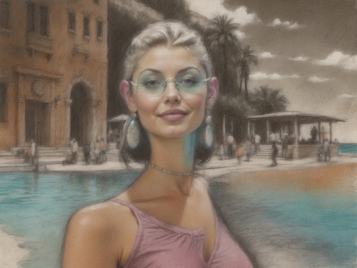 Eine junge Frau mit kurzen, blonden Haaren und einer leichten Bräune steht in der Nähe eines Pools. Sie trägt eine rosafarbene Bluse und große Ohrringe. Ihr Blick ist freundlich und selbstbewusst, während sie in die Kamera lächelt. Im Hintergrund sind Palmen und ein schönes Gebäude zu sehen, das den mediterranen Stil widerspiegelt. Menschen sind entlang des Wassers und in dem angrenzenden Bereich aktiv, was eine entspannte Urlaubsatmosphäre vermittelt.