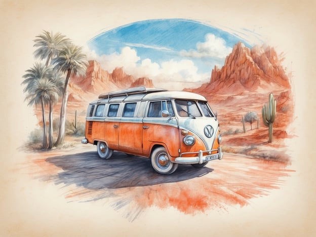 Auf dem Bild ist ein nostalgischer VW-Bus in einer malerischen Wüstenlandschaft zu sehen. Umgeben von Palmen und beeindruckenden roten Felsformationen, wirkt die Szenerie wie ein traumhaftes Reiseziel. Diese Kulisse lädt ein zu spannenden Landausflügen, bei denen man die Schönheit der Natur erkunden und unvergessliche Abenteuer erleben kann. Es ist ein perfekter Ort für Roadtrips und Entdeckungsreisen, wo man die Freiheit der Straße genießen kann.