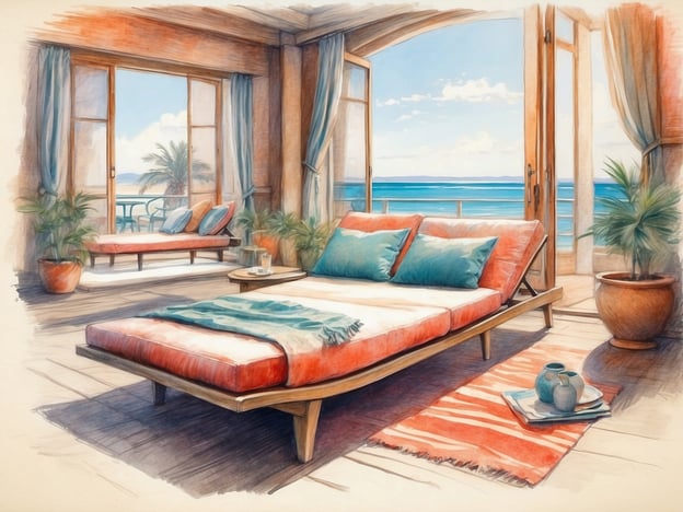 Auf dem Bild ist ein einladender, sonnendurchfluteter Raum zu sehen, der direkt auf das Meer blickt. Ein bequem gestaltetes Daybed in sanften Farben lädt zum Entspannen ein, während große Fenster den Blick auf die tiefblaue See und den Himmel zulassen. Drinnen sorgen dekorative Pflanzen und farblich abgestimmte Kissen für eine harmonische Atmosphäre. Ein kleiner Tisch mit Geschirr und einem Glas rundet das Bild ab und vermittelt das Gefühl von Urlaub und Behaglichkeit. Es ist der perfekte Ort, um sich zurückzulehnen, zu genießen und die Seele baumeln zu lassen.