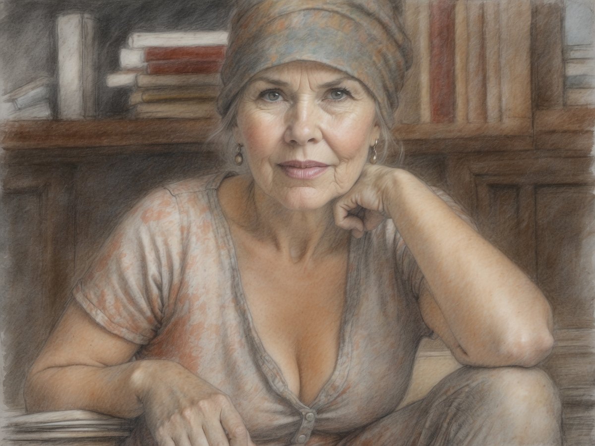 Eine ältere Frau mit einem Halstuch und einem nachdenklichen Ausdruck sitzt in einem gemütlichen Raum. Im Hintergrund sind Bücherregale mit einer Vielzahl von Büchern zu sehen. Die Frau hat einen entspannten, aber zugleich interessierten Blick, während sie ihre Hand auf ihr Gesicht stützt und sich leicht zur Seite lehnt. Das Licht im Raum ist sanft und schafft eine warme Atmosphäre.