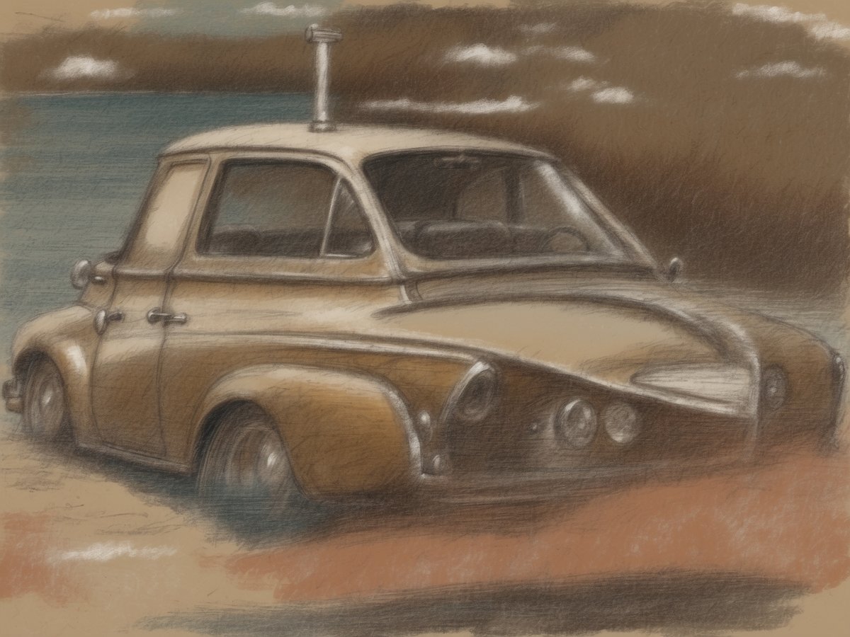 Ein nostalgisches Auto steht an einem Strand, umgeben von ruhigem Wasser und sanften Wolken am Himmel. Die goldene Farbe des Fahrzeugs erinnert an warme Sommertage und Urlaubsgefühle. Der Sand schimmert sanft im Licht und schafft eine entspannte Atmosphäre, die ideal für einen ruhigen Strandurlaub fernab vom Massentourismus ist.