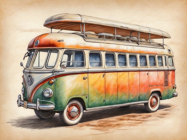 Auf dem Bild ist ein farbenfroher Volkswagen-Bus zu sehen, der an traditionelle Ausflugsfahrzeuge erinnert. Dieser Bus könnte ideal für Exkursionen in malerische Landschaften oder für entspannte Landausflüge genutzt werden. Die auffälligen Farben und das nostalgische Design verleihen dem Fahrzeug einen besonderen Charme und wecken Erinnerungen an unbeschwerte Reisen und Abenteuertouren mit Freunden oder Familie. Solch ein Bus könnte zum Beispiel für einen Tagesausflug an einen schönen Strand oder in die Berge eingesetzt werden, wo Erkundungen der Natur und gemeinsame Aktivitäten im Vordergrund stehen.