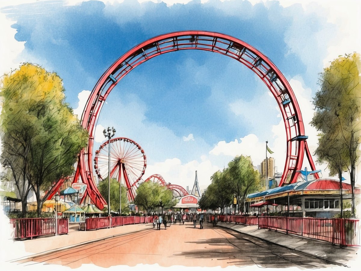 Der Wiener Prater ist in einer farbenfrohen Illustration zu sehen, die eine lebendige Parkatmosphäre einfängt. Im Vordergrund verläuft ein breiter Weg, gesäumt von grünen Bäumen. Auf beiden Seiten sind Attraktionen zu erkennen, darunter große, rote Achterbahnstrukturen und ein nostalgisches Riesenrad. Der Himmel ist blau mit einigen Wolken, die Szenerie strahlt Freude und Unterhaltung aus, während die Menschen auf dem Weg zwischen verschiedenen Fahrgeschäften und Ständen schlendern.